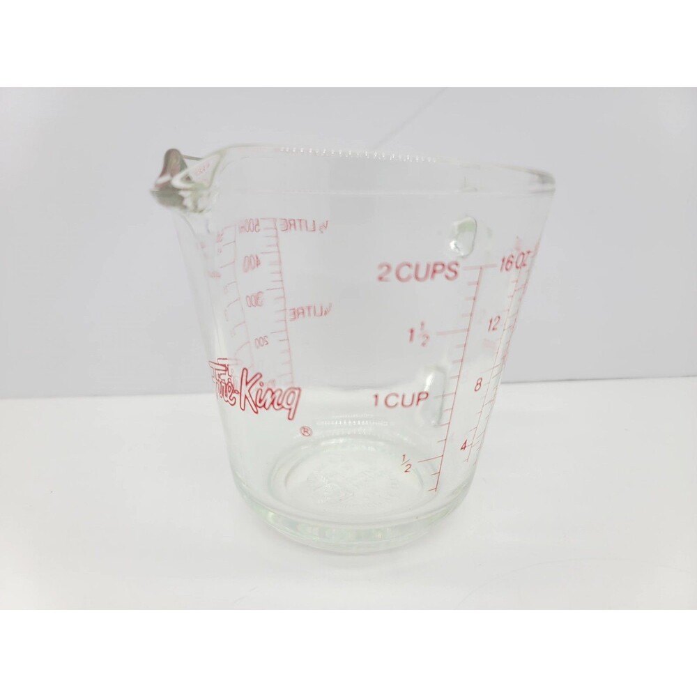 Fire King Measuring Cup 2 Cup D-Handle #498 Clear Glass with Red Lettering